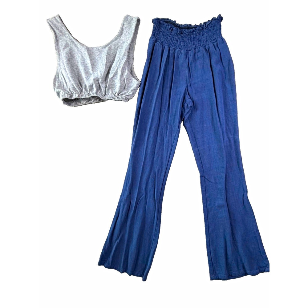 Fashion Nova XS Blue Wide Leg Pants Gray Crop Tank Top 2 Piece Outfit Set